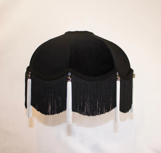 BLACK VELVET LAMPSHADE with silver silky tassels